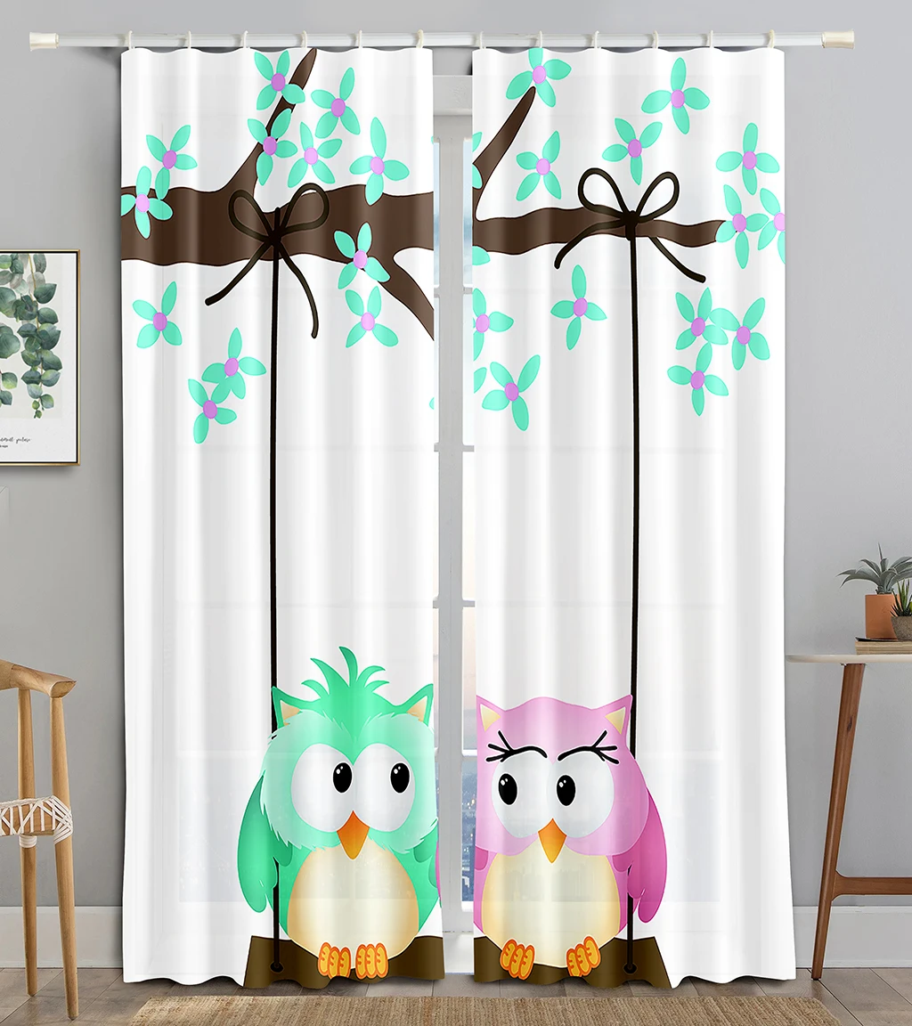 

Cartoon Owl 3D Printed Window Curtains for Kids, Children's Bedroom, Living Room, Window Treatment with Hooks Drapes