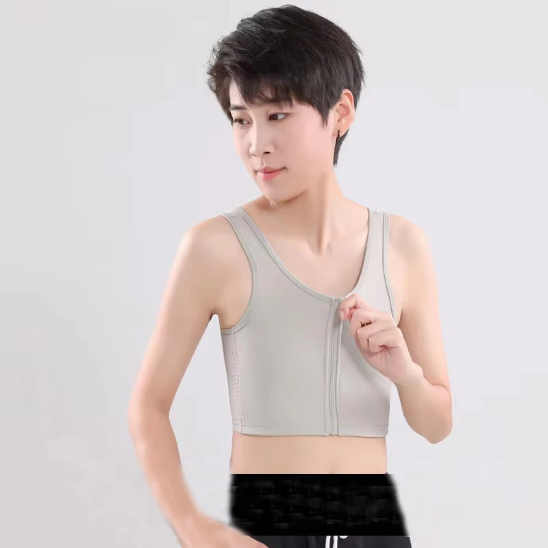 Chest Breast Binder Trans Crop Top Bandage Front Zipper Flat Breast Mesh Back Corset Stretch Body Shaping Les Female Bra Tank
