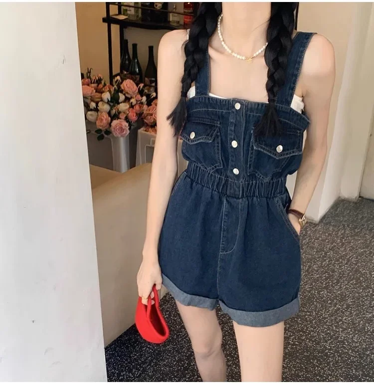 

Женские летние корейские джинсовые комбинезоны с завышенной талией и подтяжками, облегающие джинсовые шорты с широкими штанинами и лямкой на шее Y2k