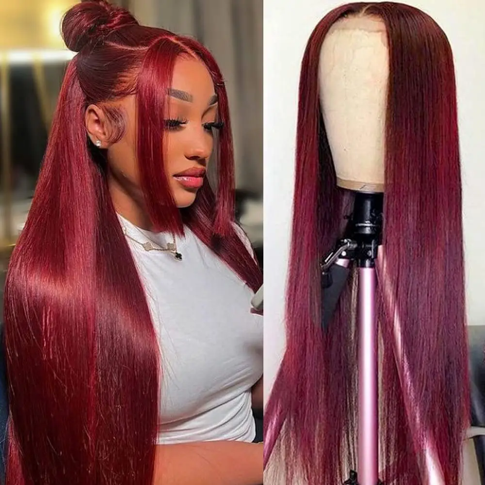 Colored 99J 13x4 13x6 Lace Frontal Wig Bone Straight Malaysian Human Hair Wigs Red Burgundy 34 36in 4x4 5x5 Lace closure Wig