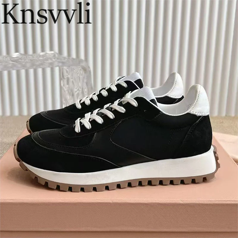 Hot Sales Sneakers Women Suede Leather Patchwork Flat Shoes Round Toe Lace Up Running Shoes Comfort Casual Sports Shoes Woman