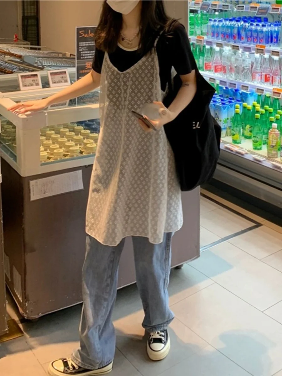 Vestido midi com decote ombro a ombro e detalhes em renda, csola básica em camadas, saia, estilo casual para o dia a dia, ...