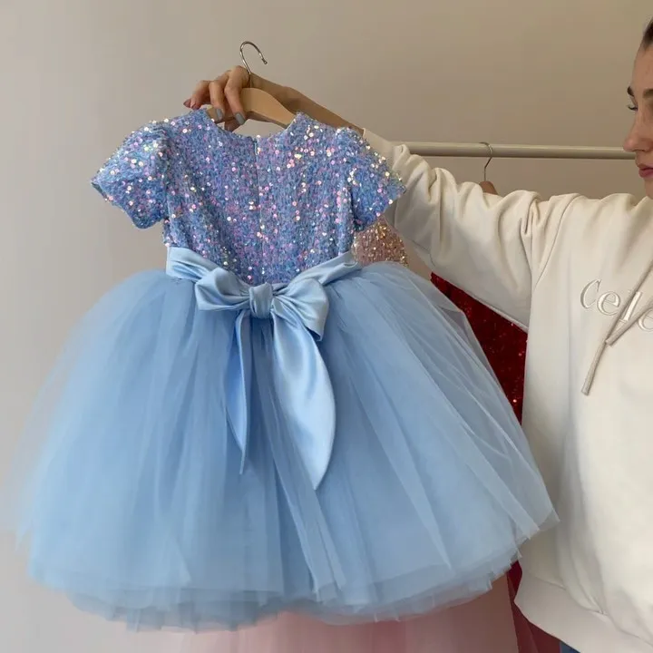 Vestido de tutú azul para niñas pequeñas de 3-8 años, ropa esponjosa con lentejuelas, vestidos de dama de honor de flores para niñas pequeñas,