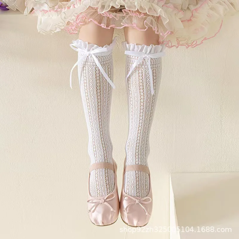 RAISE Summer Kids Girls Long Tube Lace Stockings Sweet Bow Mesh Sock Baby Girl Ballet Fishing Net Frilly Socks Lolita Long Socks