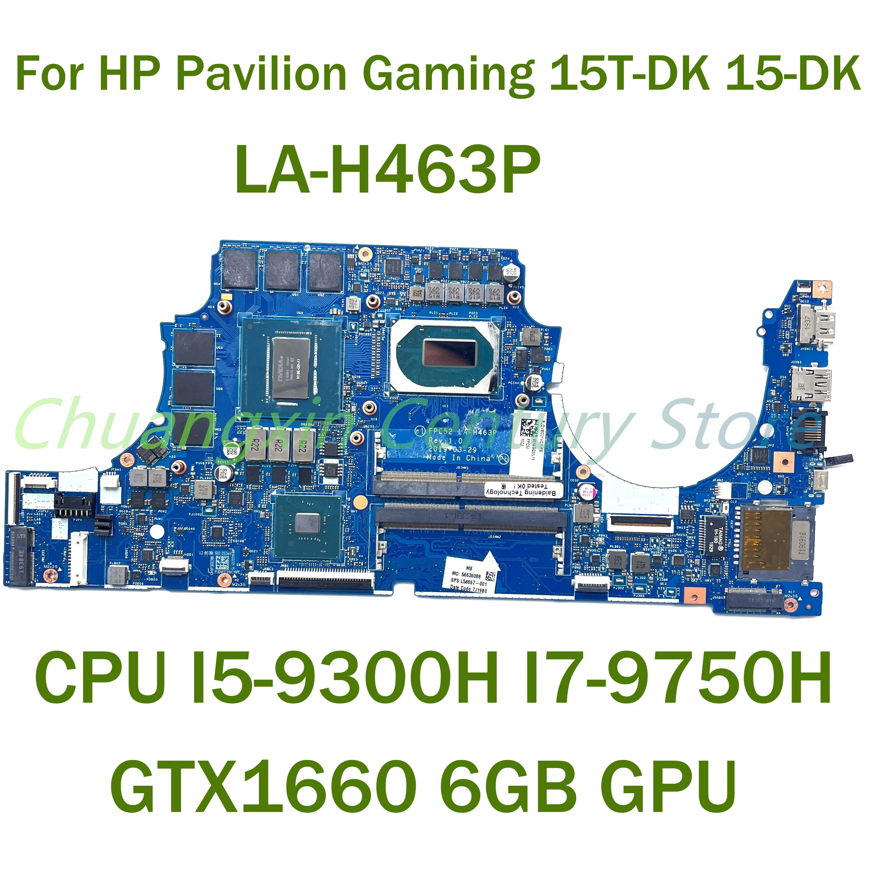 

LA-H463P motherboard For HP Pavilion Gaming 15T-DK 15-DK Laptop with CPU I5-9300H I7-9750H GTX1660 6GB GPU 100% Tested Work
