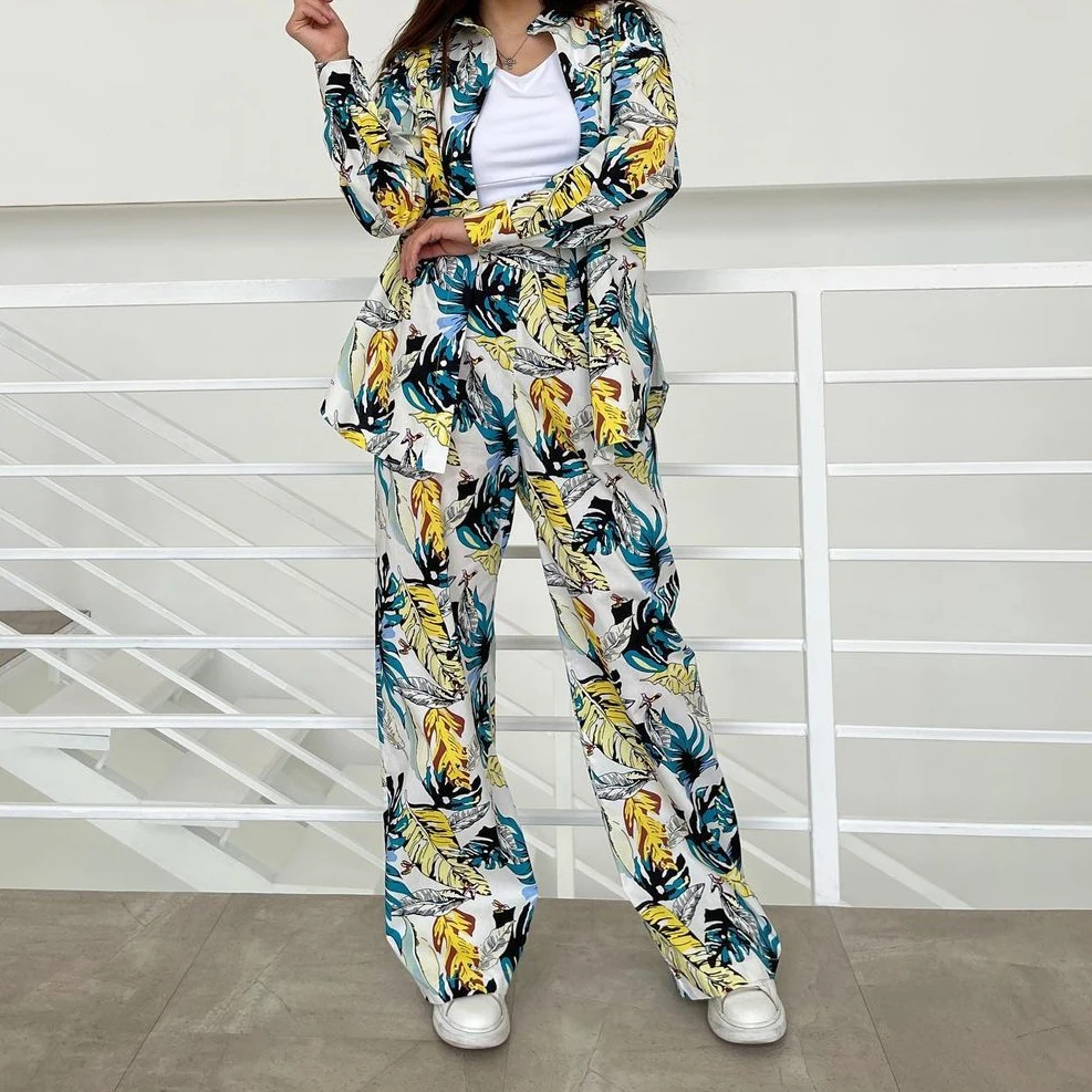 Two Pieces Women Pants Sets Single Breasted Print Blouses Wide Leg Pants High Street Elegant Loose Ankle Length Tracksuit Pocket