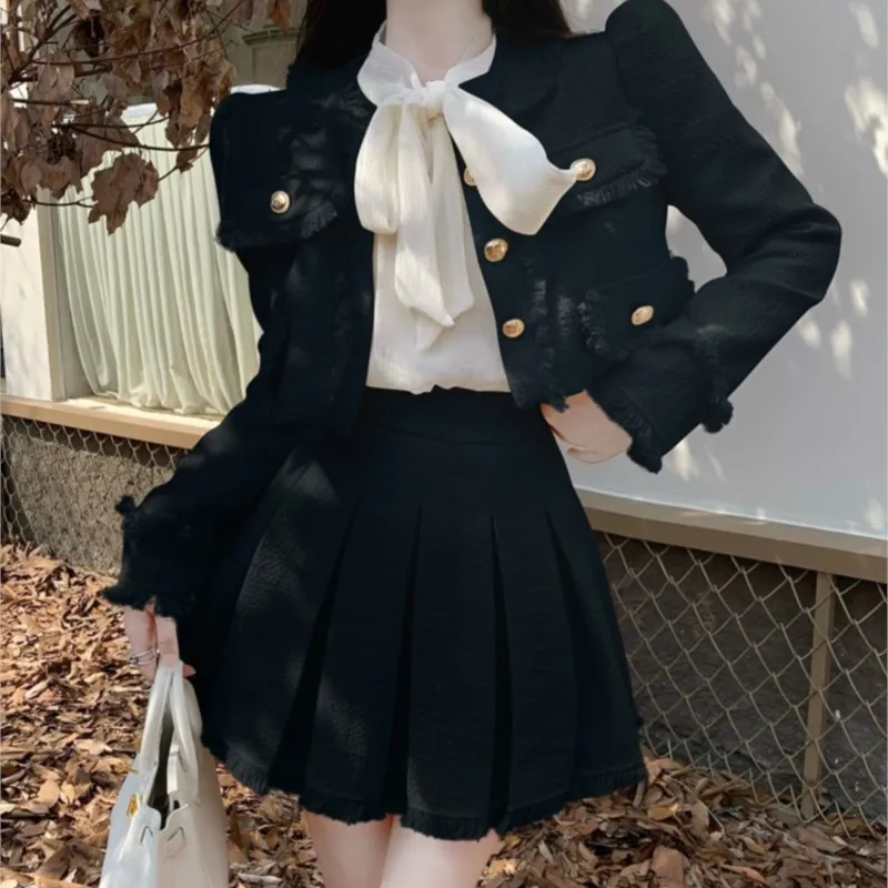 Autumn New French Vintage Tweed Two-Piece Skirt Set Women Short Jacket Coat + Pleated Mini Skirt Suits Korean Luxury Outfits