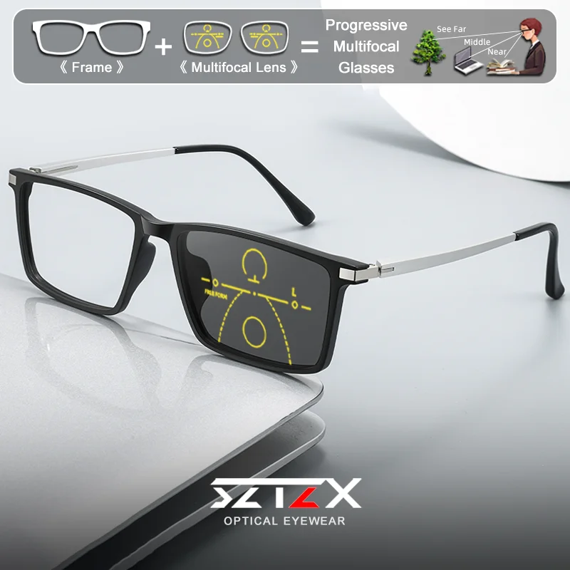 Lunettes de vue photochromiques légères à monture carrée SZTZX pour hommes, anti-lumière bleue, progressives, pour la myopie, style professionnel