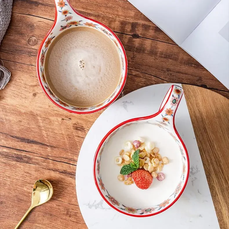 Mugs Originality Breakfast Milk Multifunctional Ceramics Water Cup Kitchen Drinkware Retro Light Luxury Flower Pattern