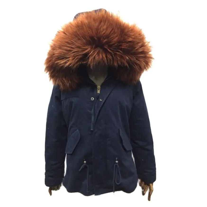 

Navy Short Fashion Fur Parka With Coffee Brown Faux Fur Lining And Collar For Men And Women