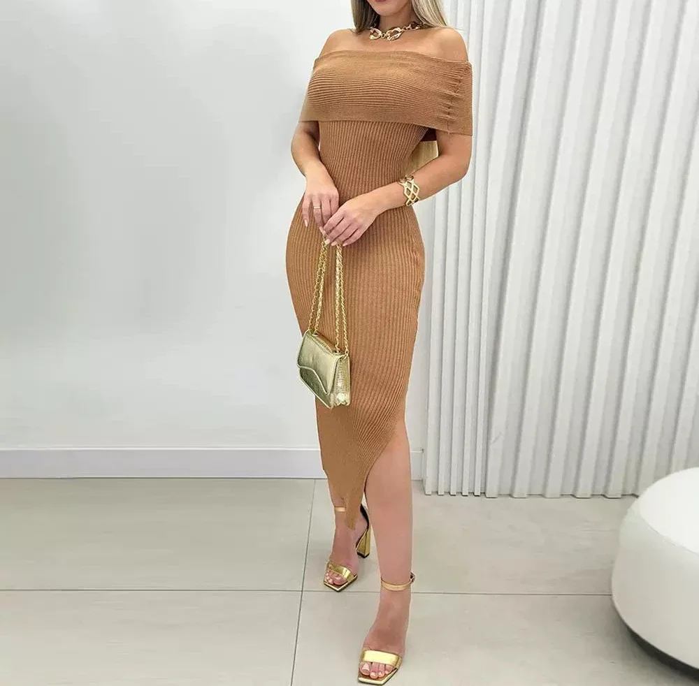 

Elegant Evening Party Dresses Woman Sexy Fashion 2024 Summer New Casual Off Shoulder Side Slit Knit Bodycon Dress Streetwear