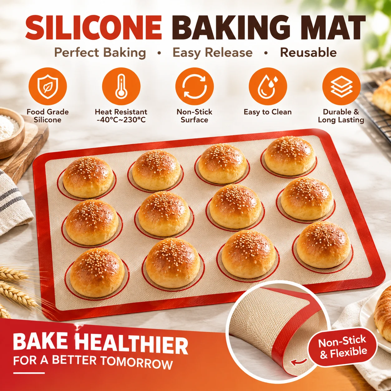 Food Grade Silicone Baking Mat Set Fiberglass Non-Stick Cookie Sheet Liner Heat Resistant Reusable Oven Mat Kitchen