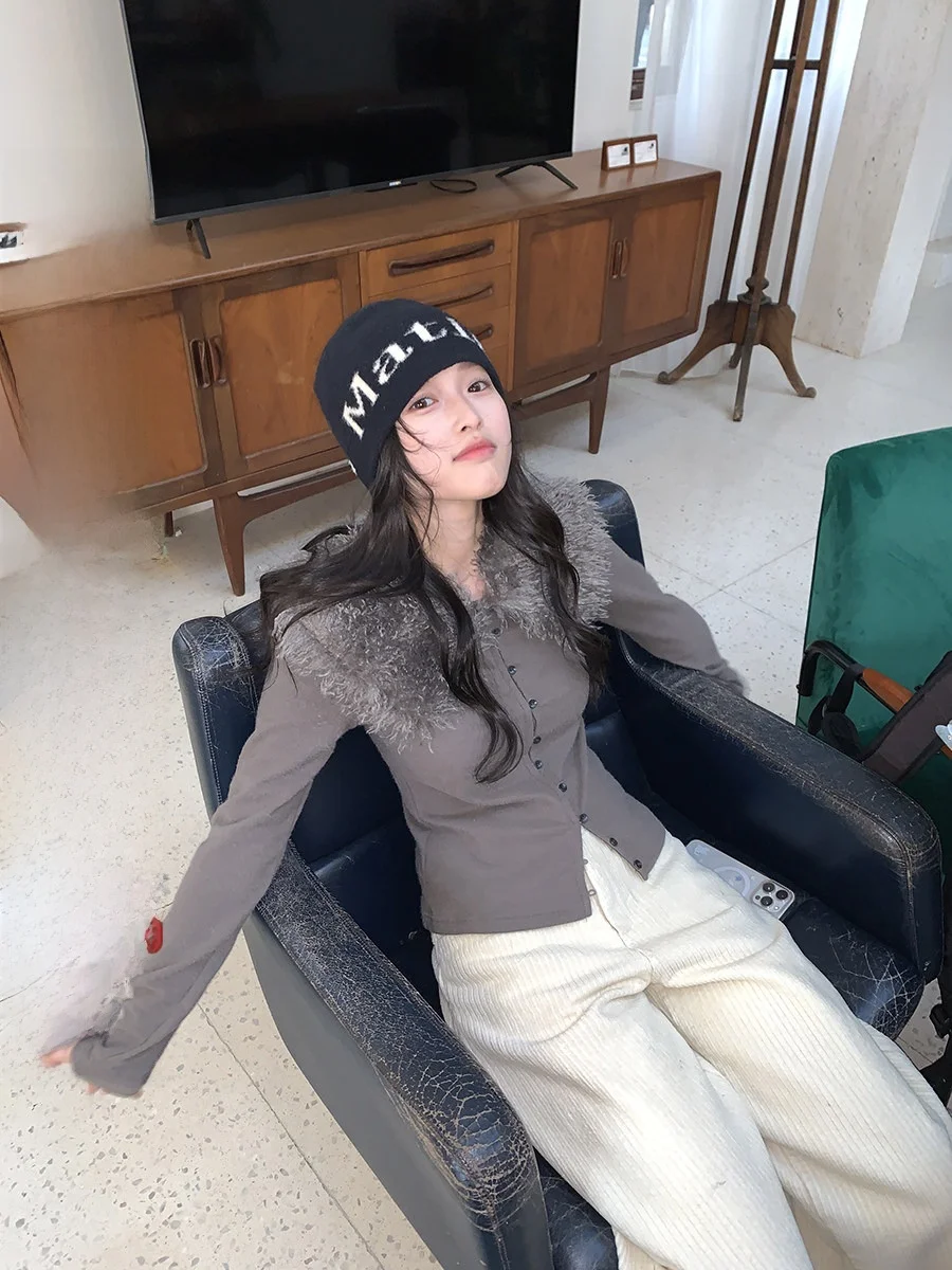 

Съемный большой меховой воротник на одной пуговице, облегающий вязаный кардиган, футболка, топ для женщин и девочек, зимняя мода