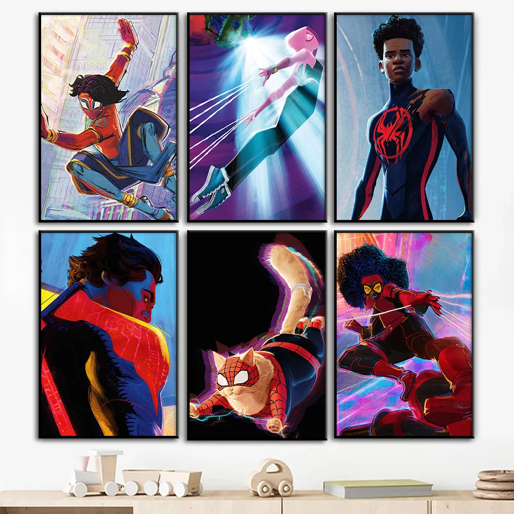 Spider-Woman Spider-Cat Canvas Painting Poster Cartoon Wall Art Print Superhero Picture Kids Room Living Room Home Decor Cuadros