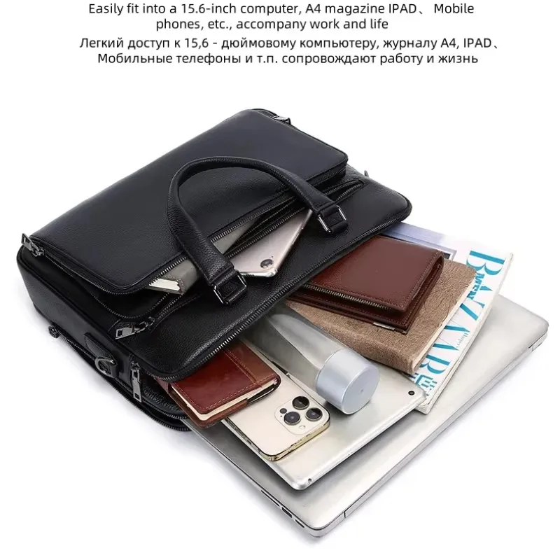 38x8x29cm  2026 new men's Genuine Leather Briefcase Business double zipper cowhide Handbag Male Laptop Shoulder Bags Tote bag
