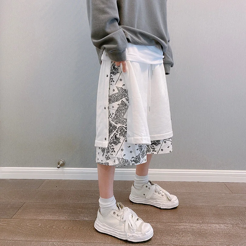 Men\'s Double Layer Breasted Bandana Shorts Spring Summer High Street Pants Oversize Paisley Harajuku Hip Hop Trousers 2023