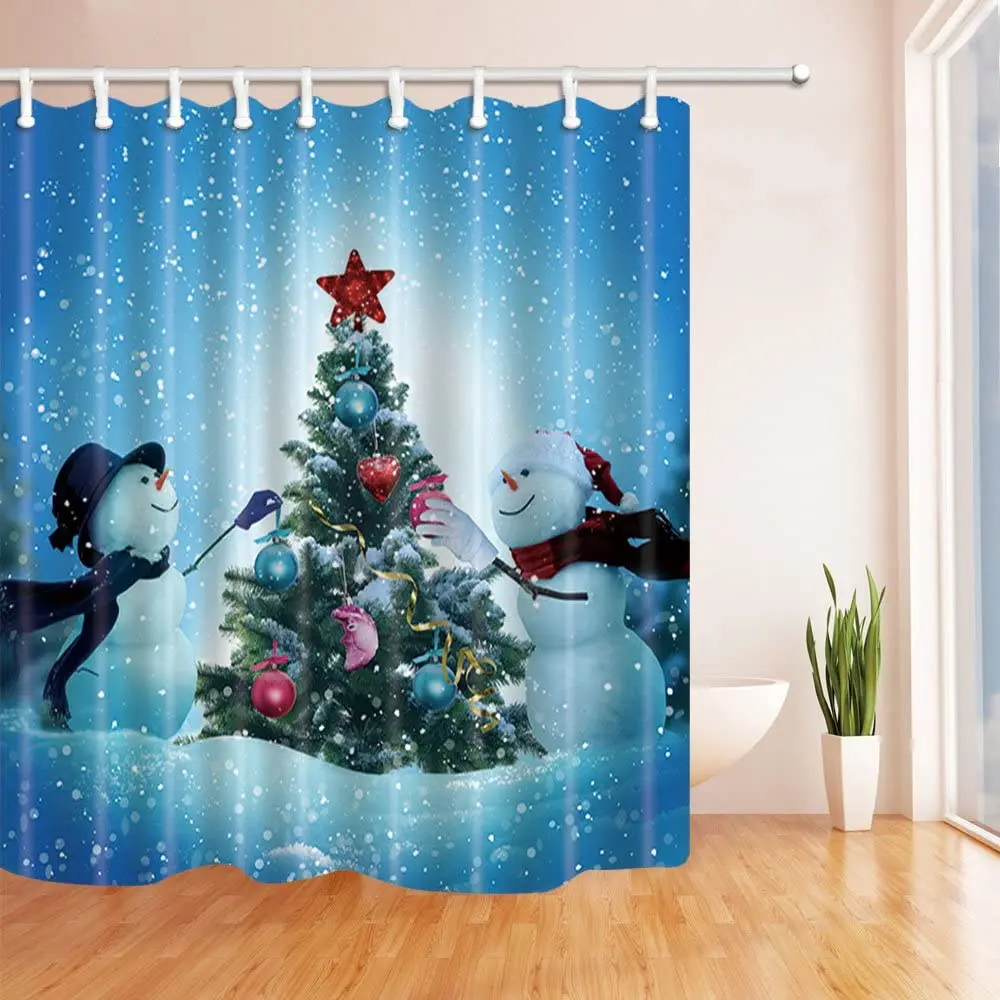 Happy New Year Shower Curtain Snowmen Decorating Christmas Tree Bathroom Curtain Polyester Fabric Bath Curtains Set with Hooks