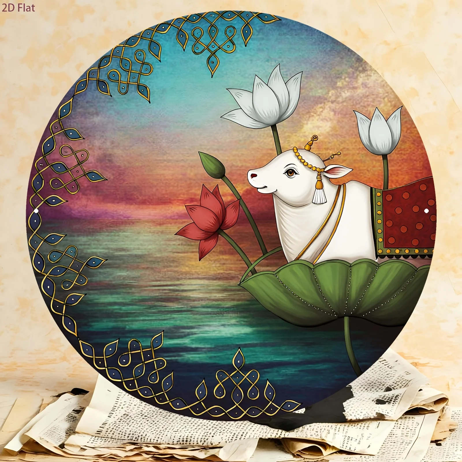 2D Flat, 2D Flat 1pc Aluminum Sign, Cute White Cow with Lotus Decorative Painting, Round Metal Sign, Home Decor, Wall Decor, Off