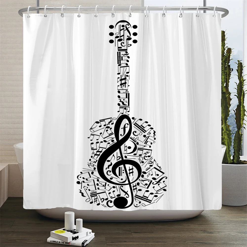 200x180cm Bathroom Waterproof Shower Curtain Simple Art Music Notes Pattern Printed Polyester Home Decoration Curtain With Hooks