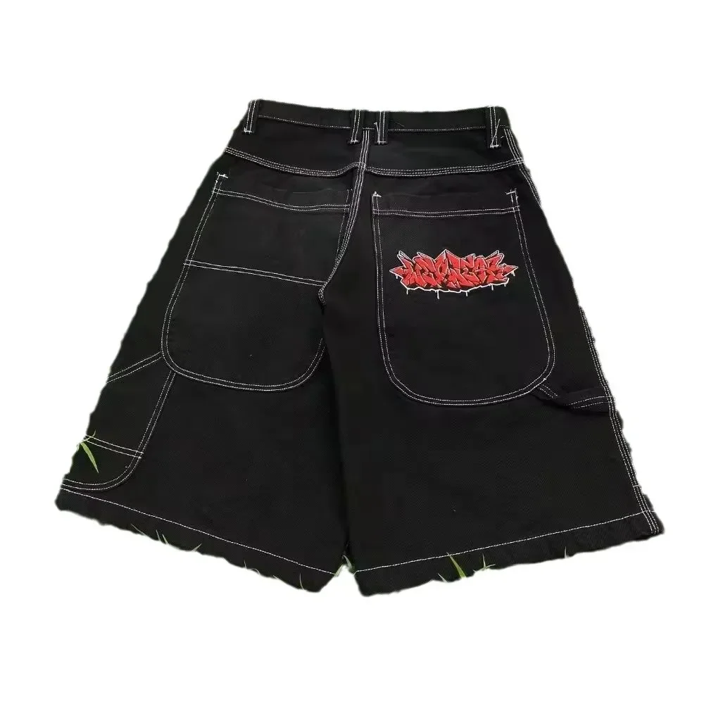 Jnco-pantalones cortos de mezclilla de hip hop para hombre, pantalones de monopatín de calle alta, patrón bordado, pantalones de pareja, pantalones