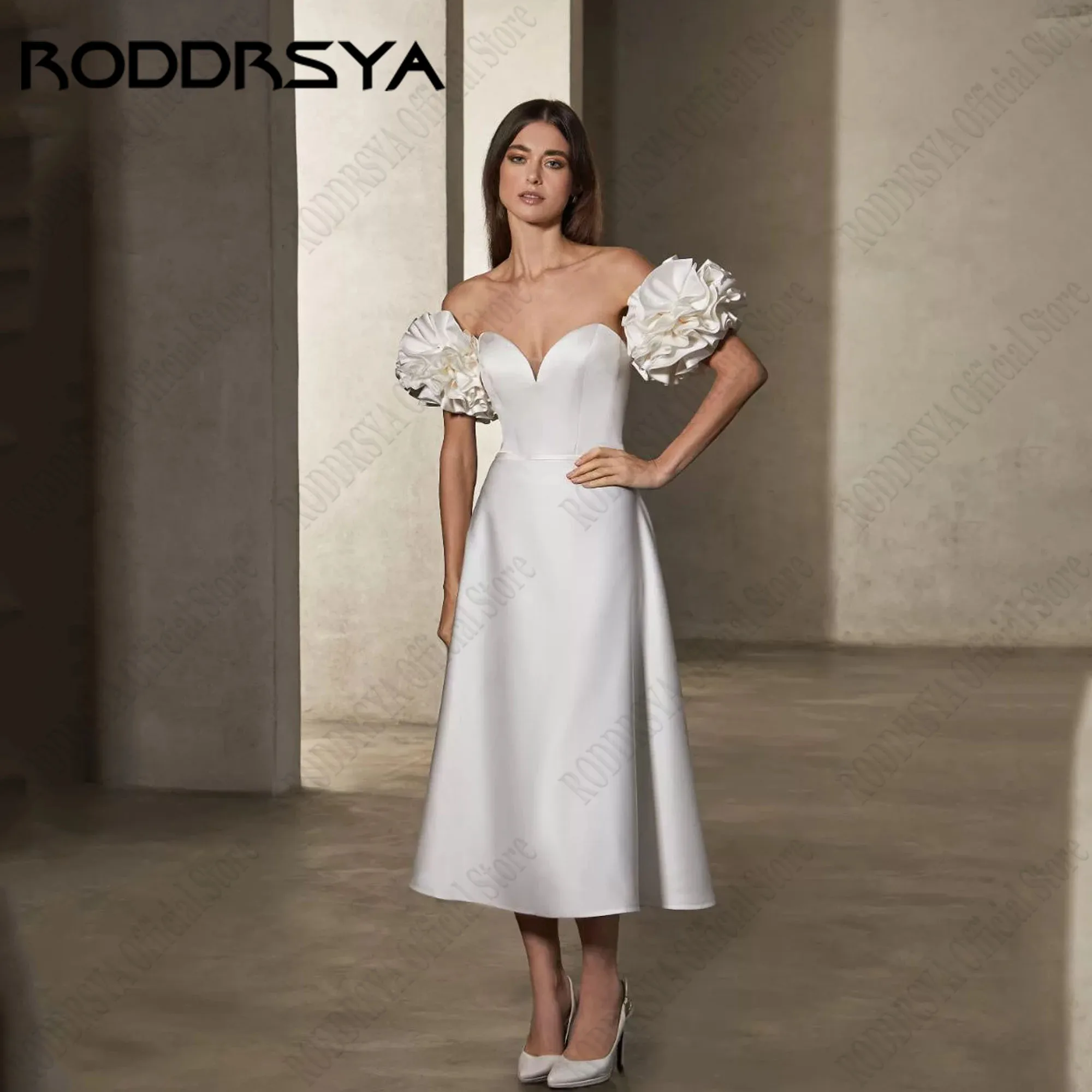 

RODDRSYA A-Line Sweetheart Wedding Dresses For Women Satin Backless Simple Vestidos Novias Boda Tea-Length Civil Customised