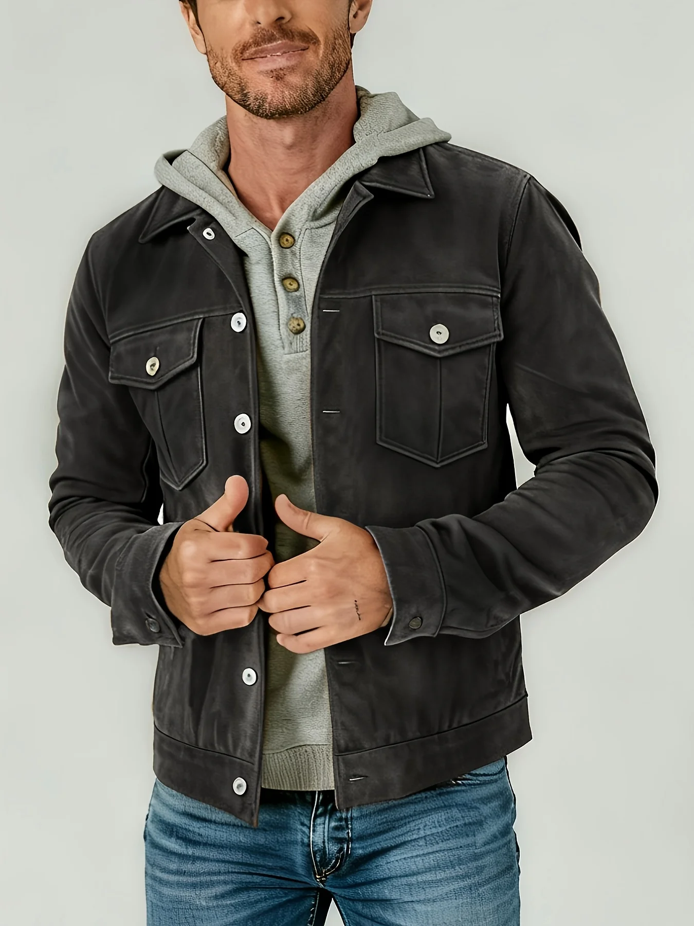 Men's Vintage Brown Suede Trucker Jacket Casual Lapel Button Down Long Sleeve Work Coat Classic Pocket Outdoor Daily Wear Outerw