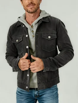 Men's Vintage Brown Suede Trucker Jacket Casual Lapel Button Down Long Sleeve Work Coat Classic Pocket Outdoor Daily Wear Outerw 2