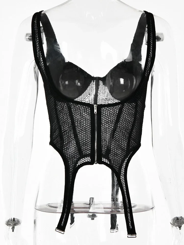 Sexy Hollow Perspective Top V-neck Panel Mesh Hollow Y2k Camo White Summer Sleeveless Backless Women's Casual Tank Top MYQH17