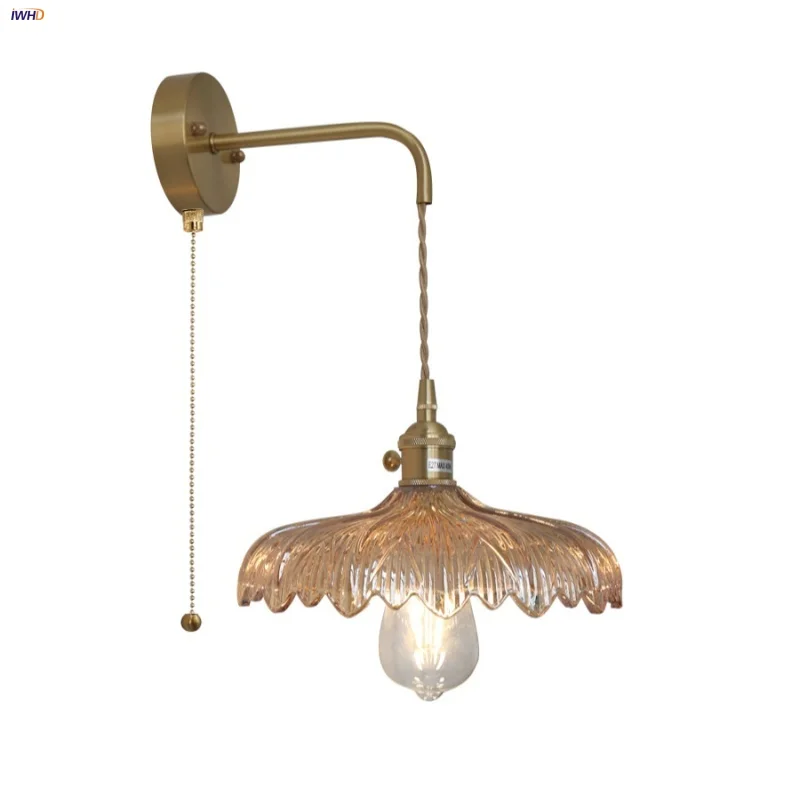 IWHD Amber Vintage LED Wall Light Fixture Hallway Coffee Bedroom Glass Copper Pull Chain Switch Bedside Lamp Lamparas De Pared