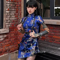 Gothic Dark Cheongsams Blue Dragon Phoenix Qipao Sexy Mimi Short Qipao Women Satin Streetwear Chinese Style Dresses Plus Size