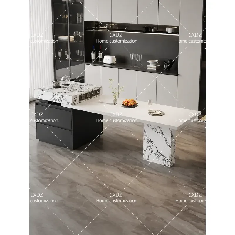 Modern Light Luxury Kitchen Island Table with Integrated Retractable Multifunctional Storage Open Design Slate Top Middle