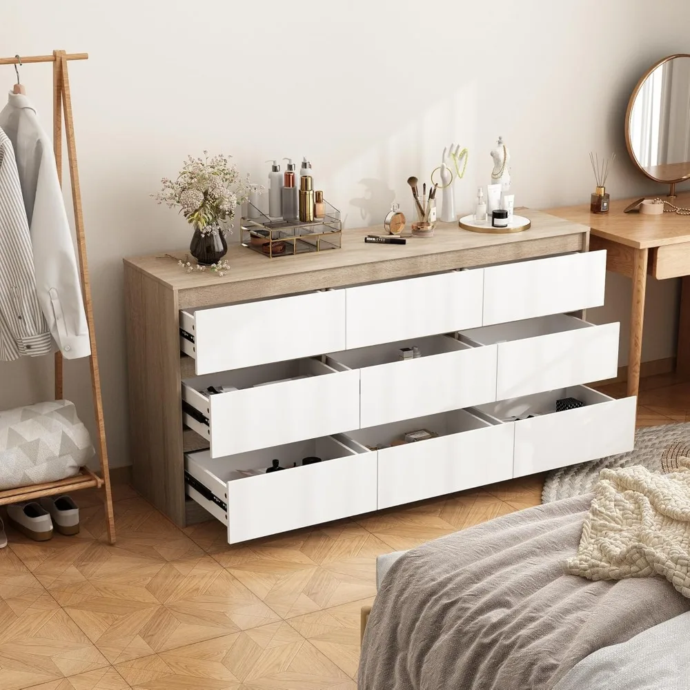 Dresser for Bedroom with 9 Deep Drawers,Chest of Drawers Handle Free,Wood Color Dressers for Closet Living Room  Dressing Table