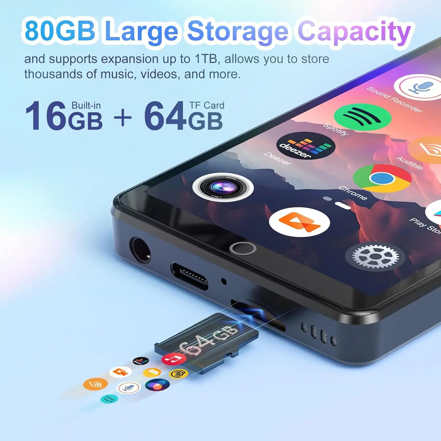 مشغل MP3 بسعة 80 جيجابايت (16 جيجابايت + 64 جيجابايت) مزود بتقنية البلوتوث وواي فاي، شاشة لمس 4.02 بوصة مع كاميرا، مشغل MP3MP4 Android مع سبوتيفي، ديزر