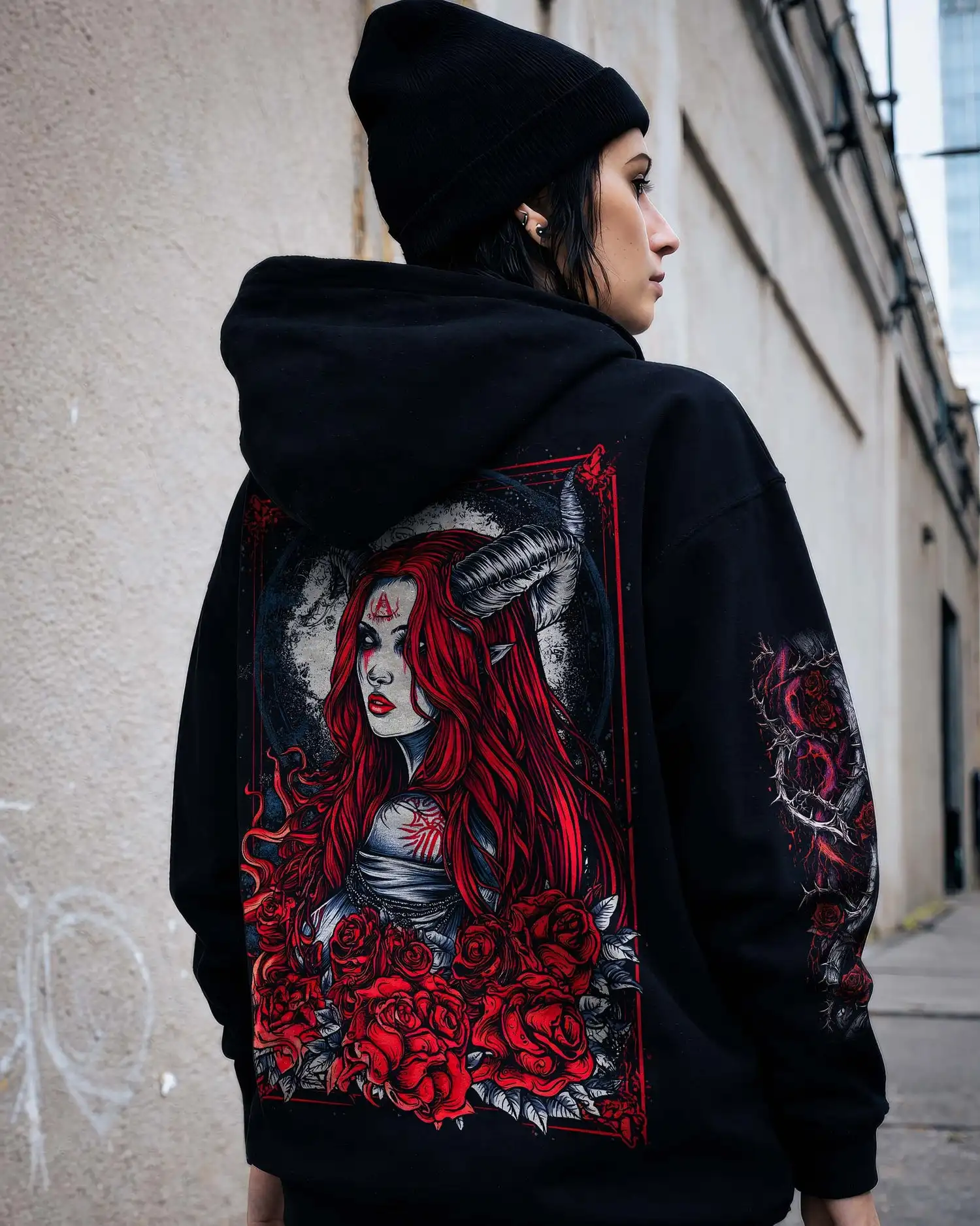 Devil's Corner Girl Red Rose Moon Printed Long Sleeve Hoodie Hoodie Sportswear Gothic Dark Punk Metal Street Wear Men's Hoodie