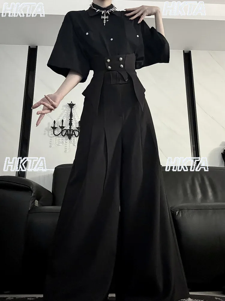 Japanese Dark Commuter High Waist Pleated Black Wide Leg Pants Spring Summer New Neutral Style Casual Versatile Trousers Women