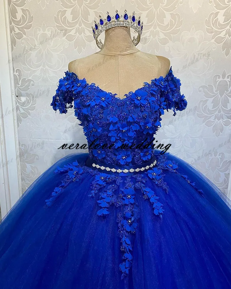 Royal Blue Quinceanera Prom Dresses Off Shoulder Sequins Ball Gown Tulle Party Sweet 15 16 Dress Quinceañera Anos Customized