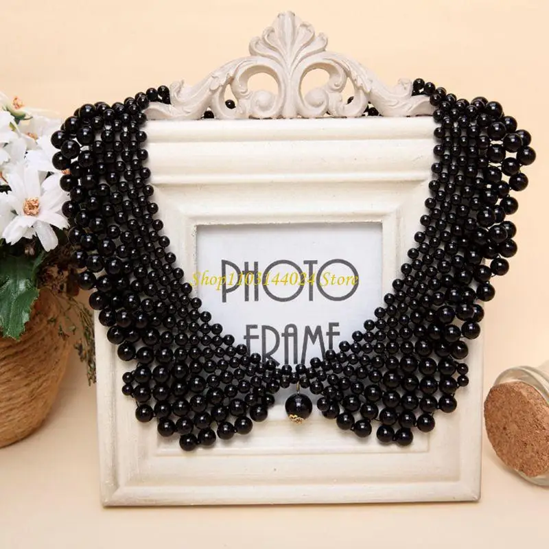 N5KE Ethnic Handmade Woven Beading False Collar Imitation Pearl Jewelry Women Bib Cho