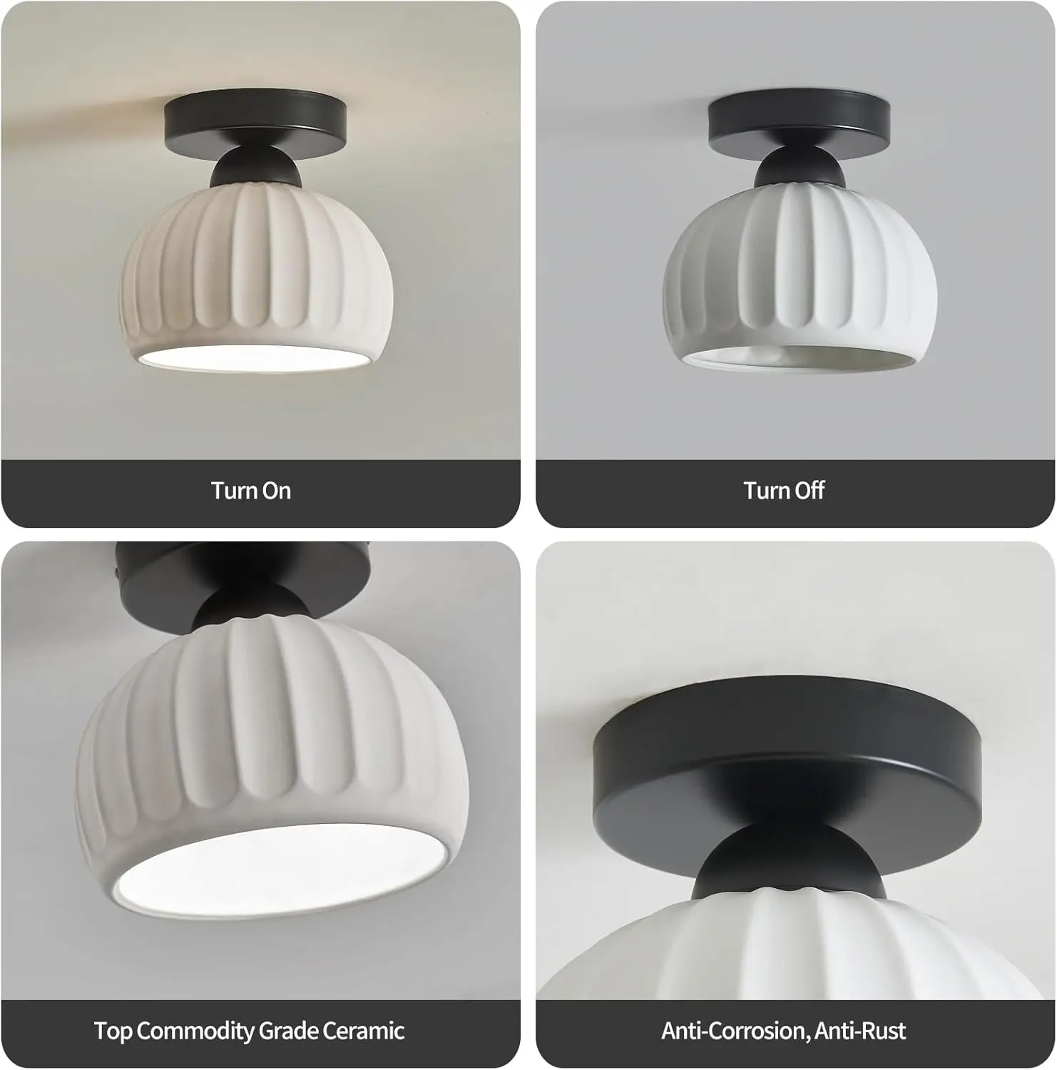 Ceramic Semi Flush Mount Ceiling Light Fixtures 2 Pack, Black Hallway Ceiling Light Farmhouse Light, Close To Ceiling Light For