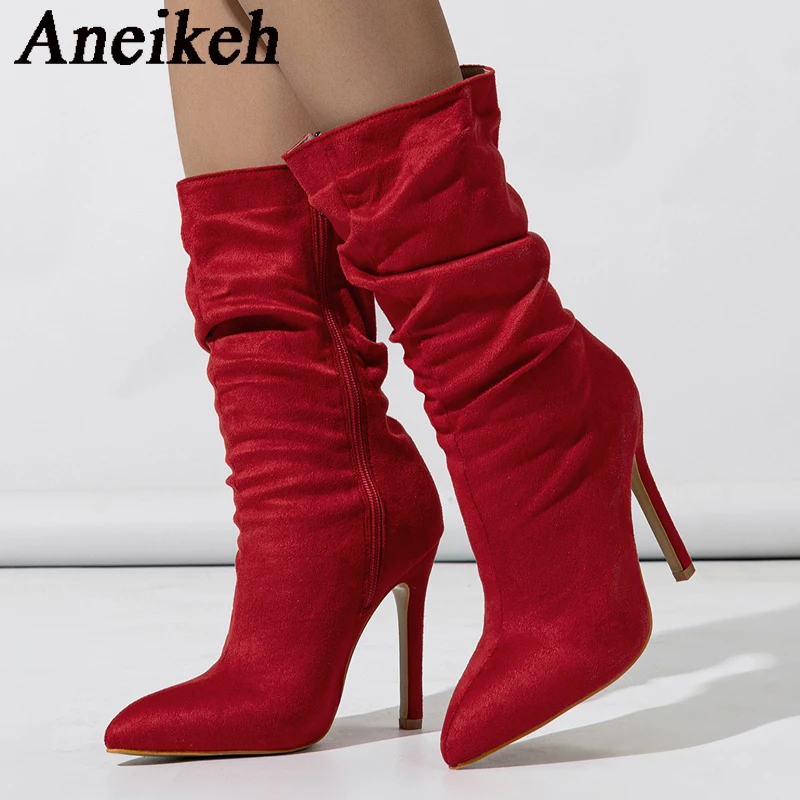 Aneikeh Sexy Pointed Toe Party Stripper Dance Heels Fashion Pleated Ankle Boots For Women Autumn Stiletto Shoes Chelsea Booties