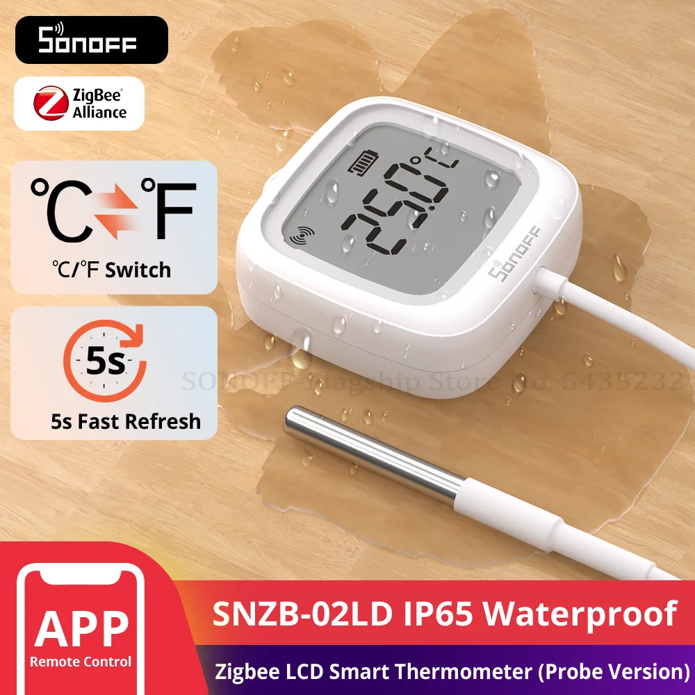 SONOFF SNZB-02LD IP65 Zigbee LCD thermomètre intelligent avec sonde détecter piscine baignoire réfrigérateur congélateur mesure de la température des liquides