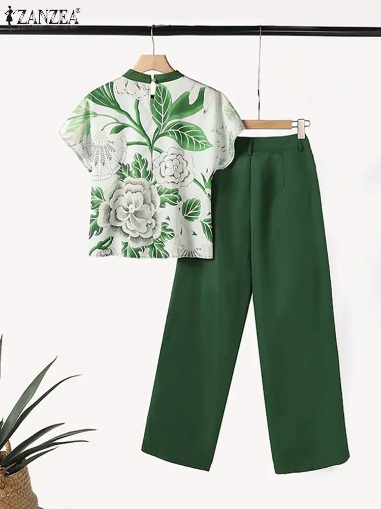 ZANZEA-Conjunto de 2 piezas para mujer, ropa informal de 2 piezas, Tops de manga corta con estampado Floral, pantalón liso, estilo bohemio y elegante