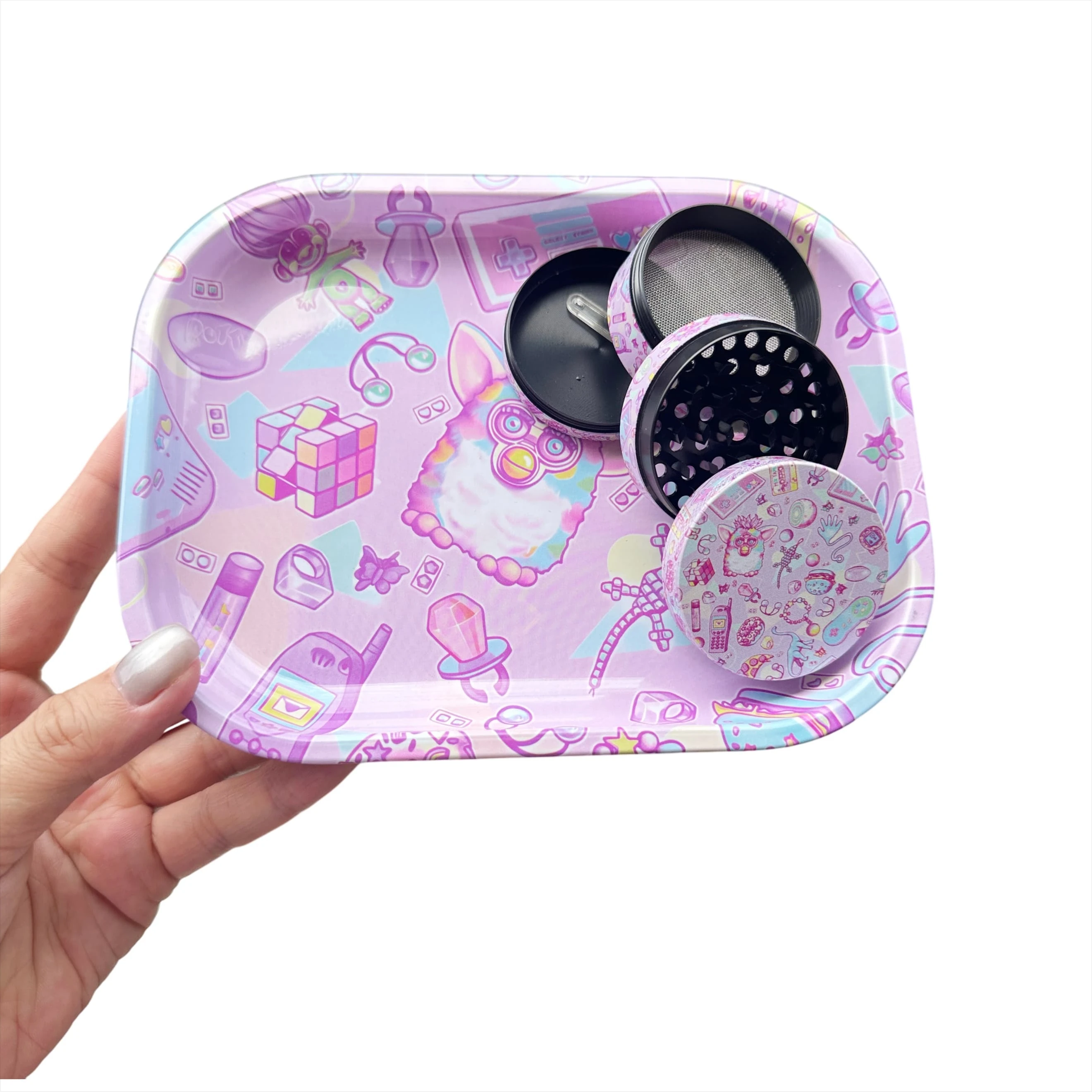 2 Pieces Cute Elf Cartoon Metal Rolling Tray and Herb Grinder Smoking Kit - Image 5