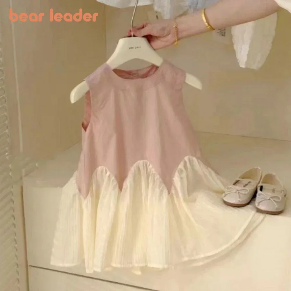 Bear Leader 2 3 4 5 6 Years Girls Princess Dresses Summer Mesh Patchwork Pink Sleeveless Dress Kids Clothing Children\'s Outfits