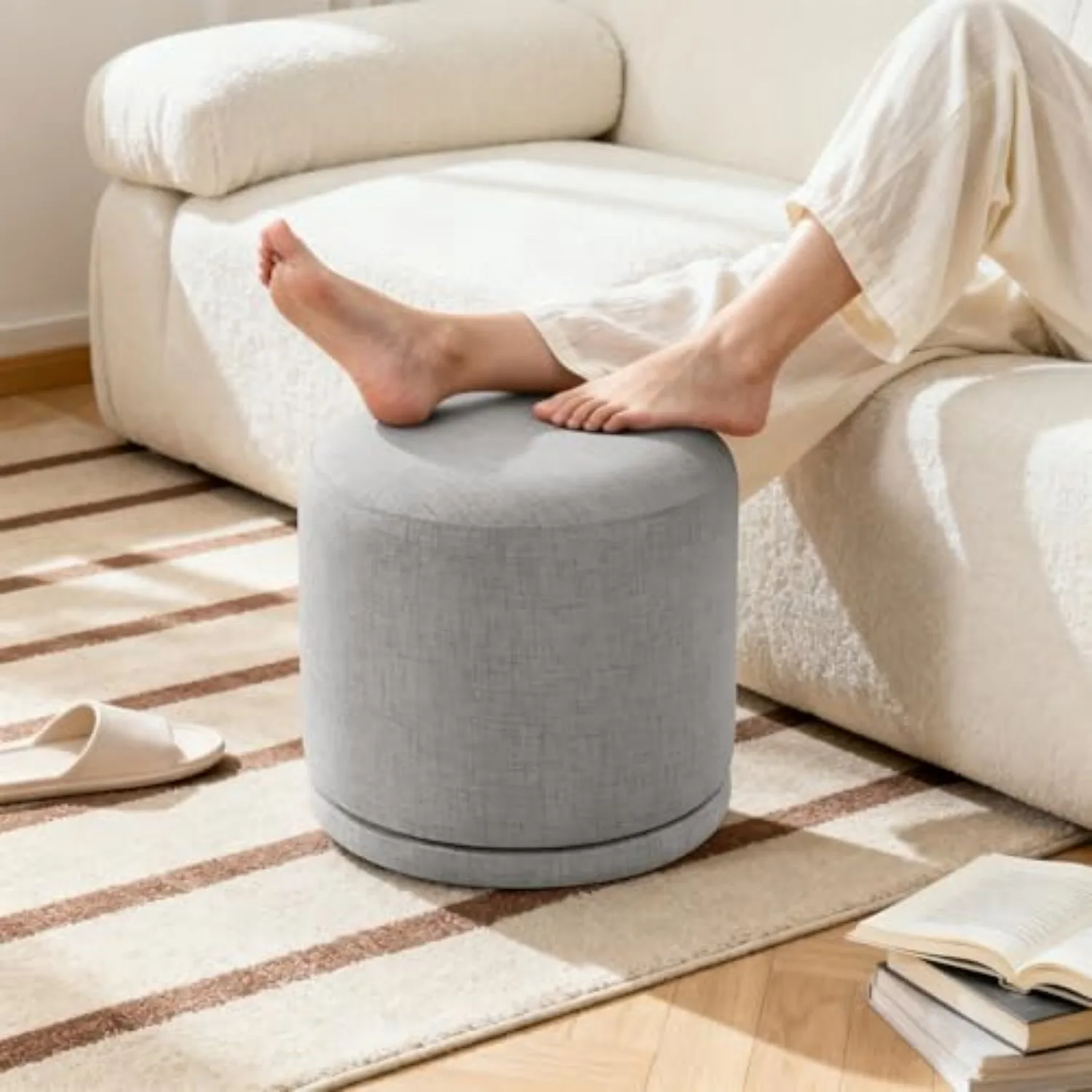 Swivel Round Ottoman, Linen Upholstered with Acacia Wood Frame, Light Gray | 500 lbs Footrest, No Assembly, Extra