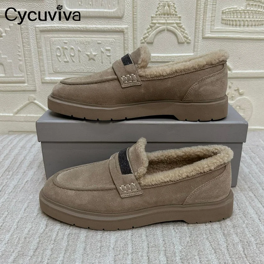 Winter New Suede Flat Loafers Shoes Women Round Toe Warm Wool Designer Platform Shoes Casual Comfort Party Driving Walking Shoes