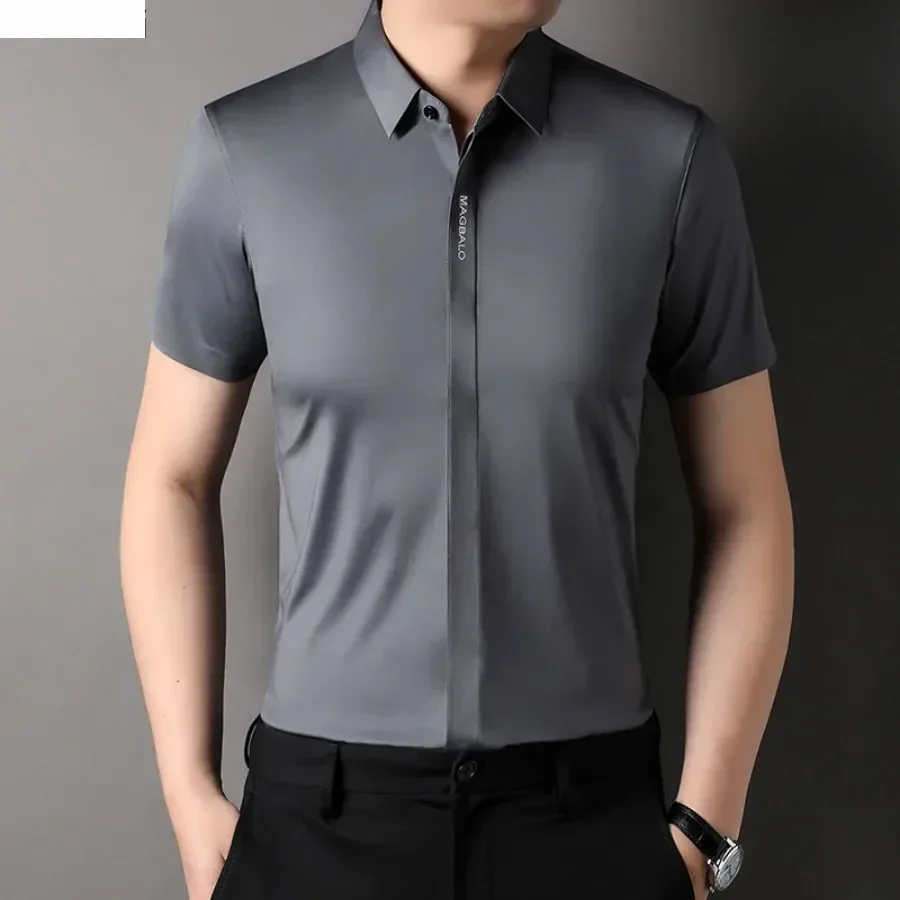 Summer New High-grade Hidden Button Men's Light Luxury Short Sleeve Shirts Men High Elastic Business Anti-wrinkle Ice Silk Shirt