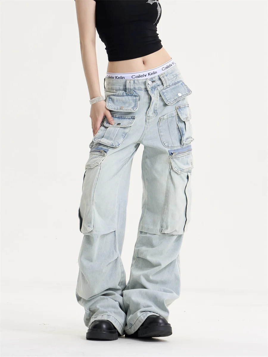 

Американская рабочая одежда в стиле ретро, широкие джинсы прямого кроя, женские повседневные брюки с несколькими карманами, тяжелые джинсы