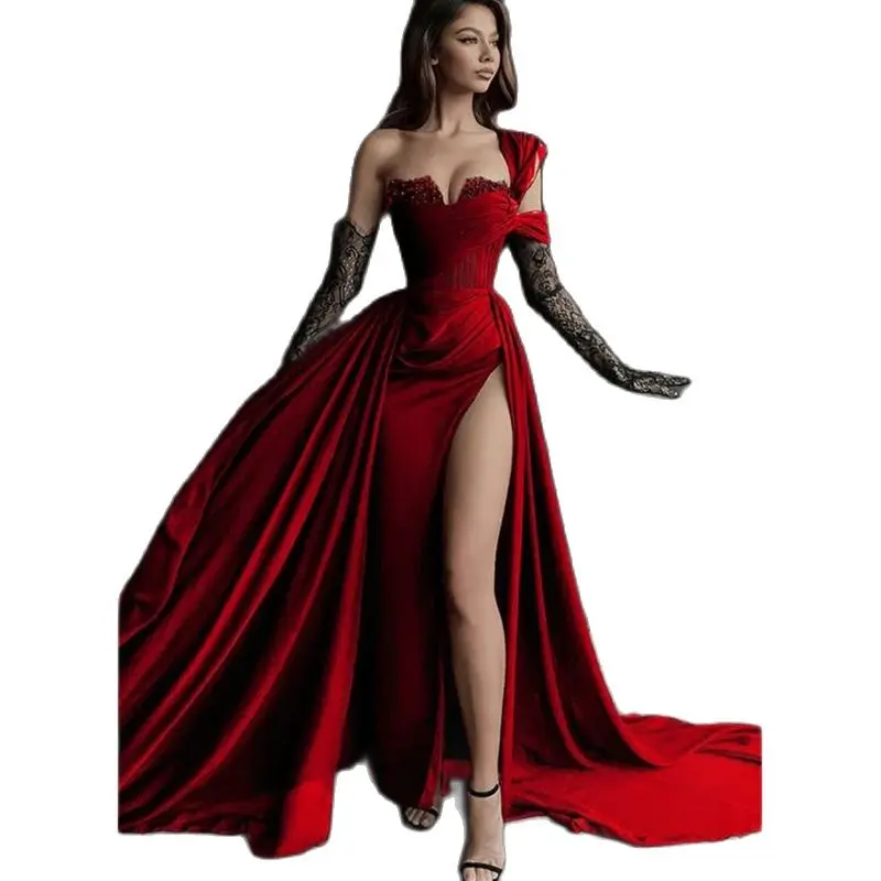 Sexy Red Prom Dress 2024Split Sleeveless One Shoulder Whithout Gloves Pleat Straight Detachable Train Special Event Pretty Women