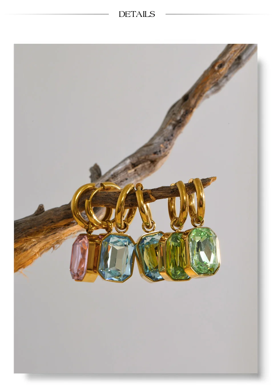 Yhpup Edelstahl-Creolen Grün Rosa Blau K9 Kristall Rechteckige Hängeohrringe Ästhetischer Goldener Damenschmuck – Detail 10