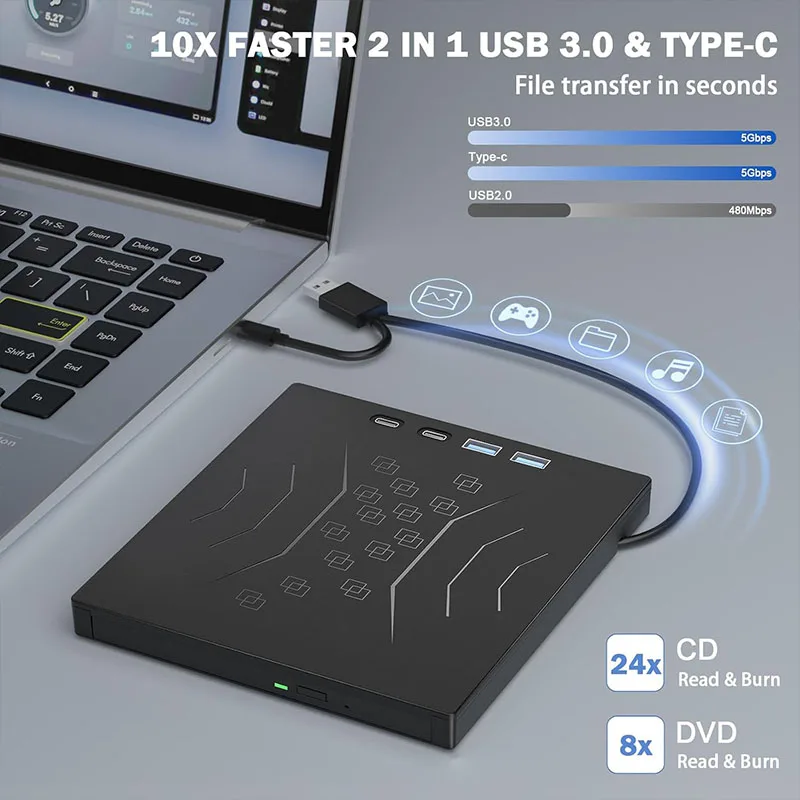 External CD/DVD -/+RW Drive USB 3.0 Portable CD/DVD/VCD Player Reader Burner for Laptop PC Optical Drive with SD/TF Port